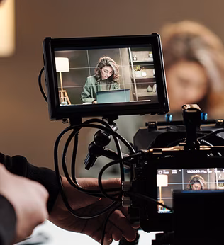 Photo of a the monitor attached to a video camera with a woman in the frame