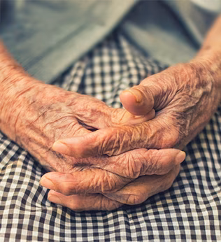 Photo of old and hardworking hands clasped on a green gingham skirt