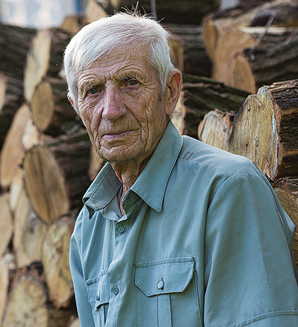 Photo of a man in a teal shirt in front of a log pile