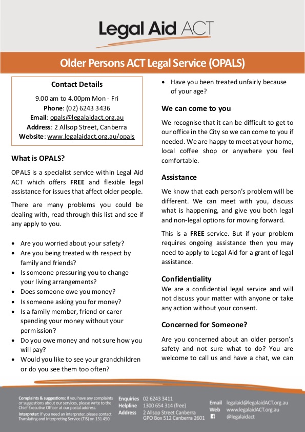 Older Person ACT Legal Service Cover