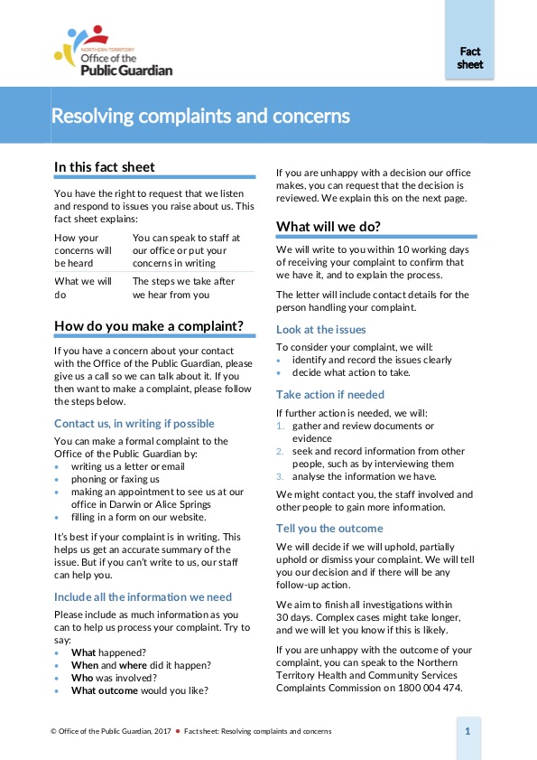 Resolving Complaints and Concerns Factsheet