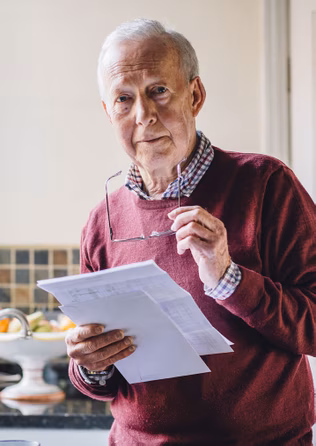 Senior man taking his glasses off after reading document