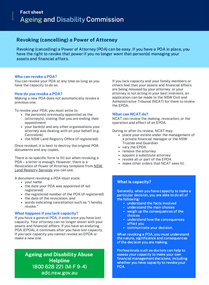 Revoking/cancelling a power of attorney fact sheet