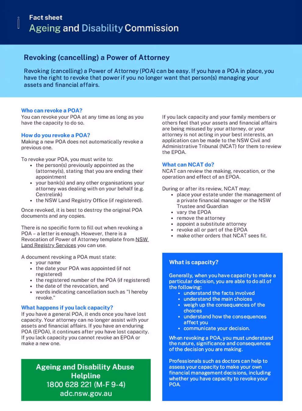 Revoking/cancelling a power of attorney fact sheet