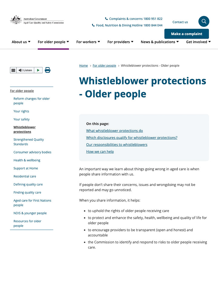 Whistleblower protections - older people