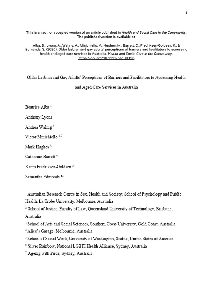 Older Lesbian and Gay Adults' Perceptions of Barriers and Facilitators to Accessing Health and Aged Care Services in Australia