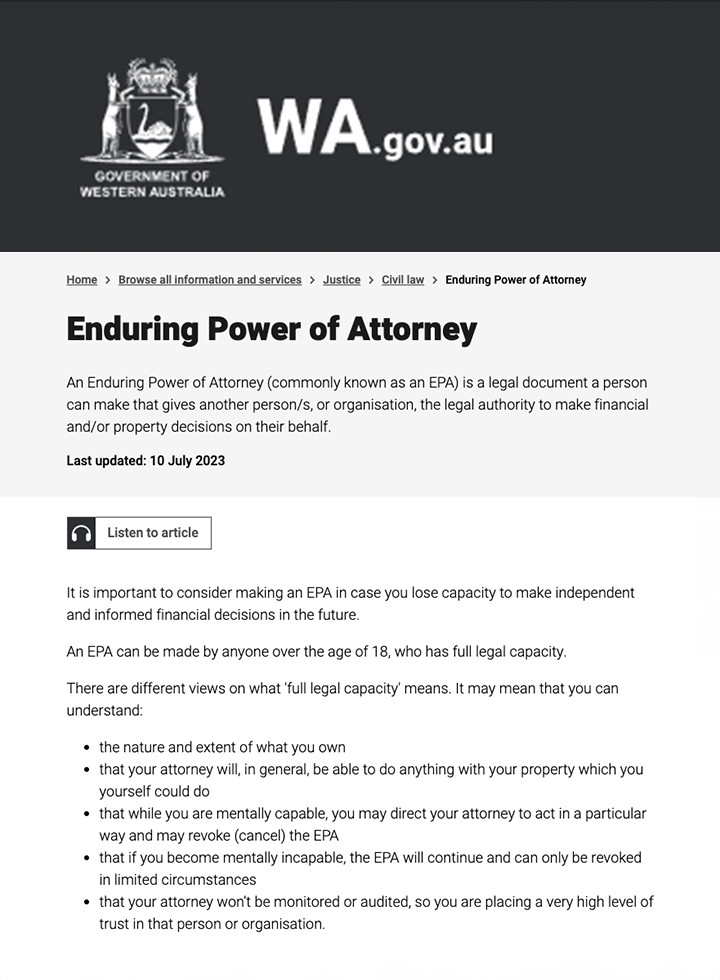 Enduring Power of Attorney webpage