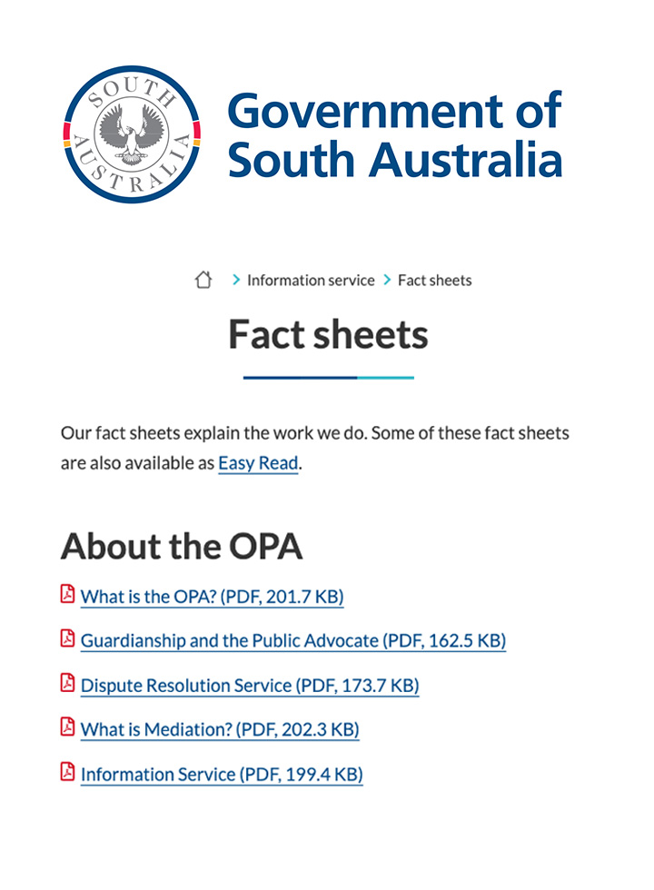 The SA Office of the Public Advocate Fact Sheets