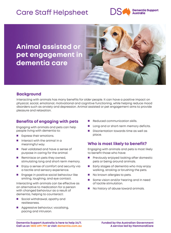 Animal assisted or pet engagement in dementia care