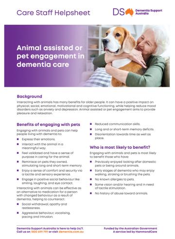 Animal assisted or pet engagement in dementia care