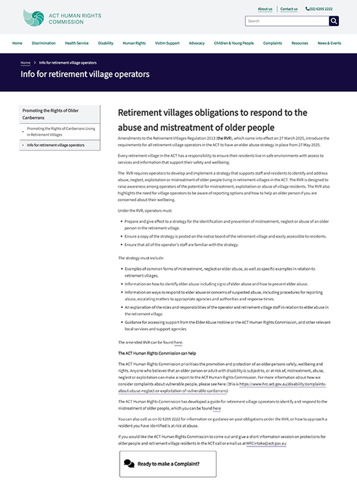 Info for retirement village operators