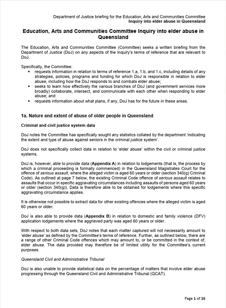 Briefing to the Queensland Inquiry into elder abuse