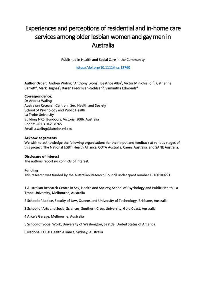 Experiences and perceptions of residential and in-home care services among older lesbian and gay men in Australia