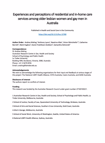 Experiences and perceptions of residential and in-home care services among older lesbian and gay men in Australia