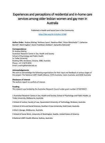 Experiences and perceptions of residential and in-home care services among older lesbian and gay men in Australia