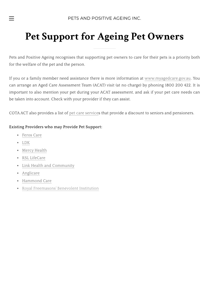 Pet support for ageing pet owners