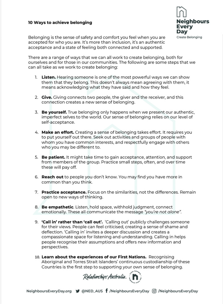 10 ways to achieve belonging checklist