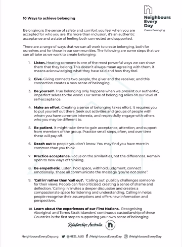 10 ways to achieve belonging checklist