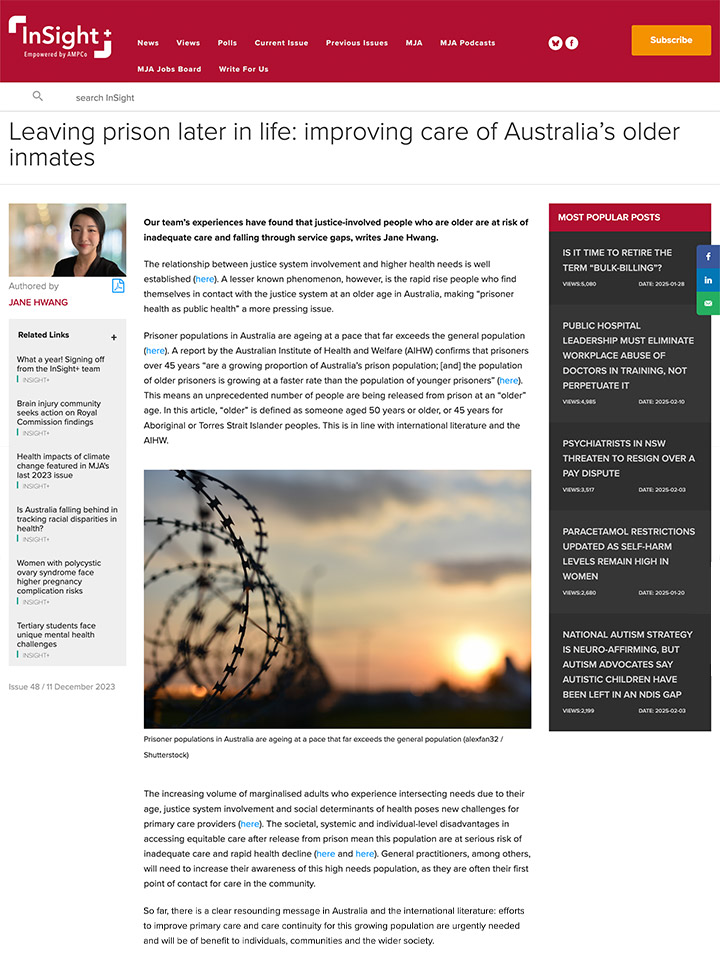 Leaving Prison in later life: improving care of Australia's older inmates