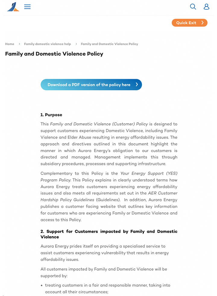 Aurora Energy Family and Domestic Violence Policy