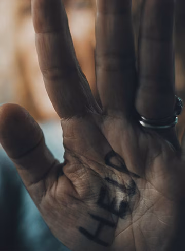 Photo of elderly hand with help written on the palm