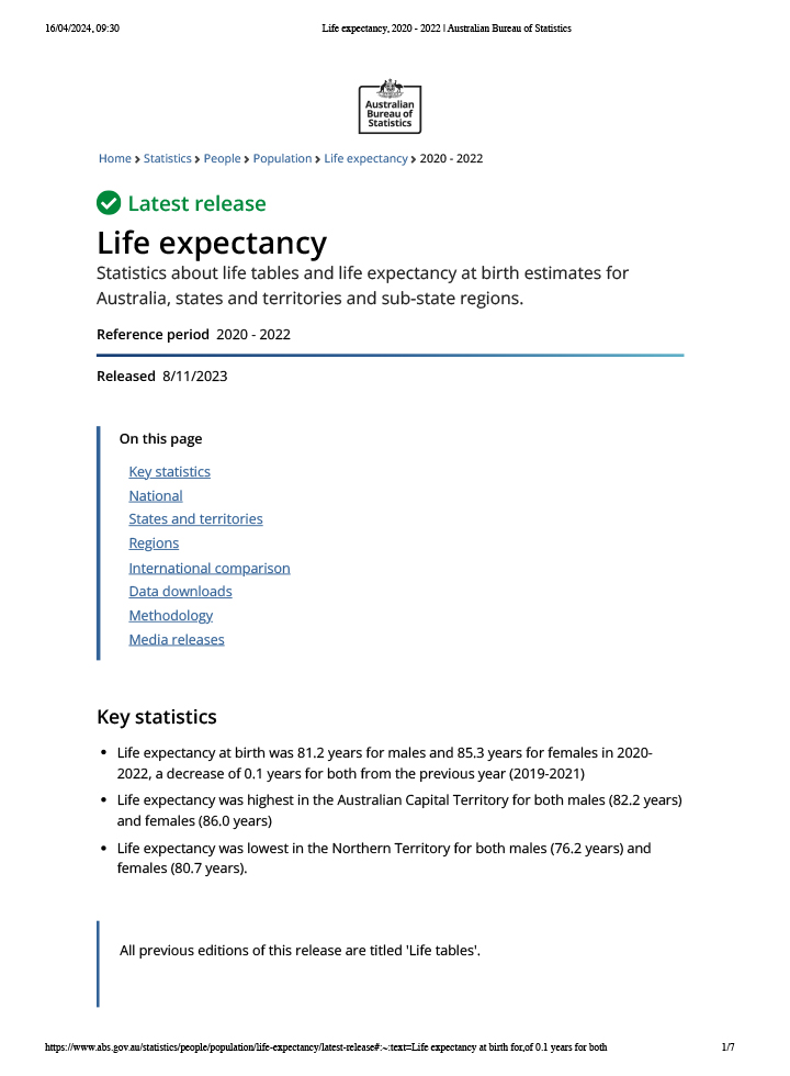 Latest life expectancy statistics
