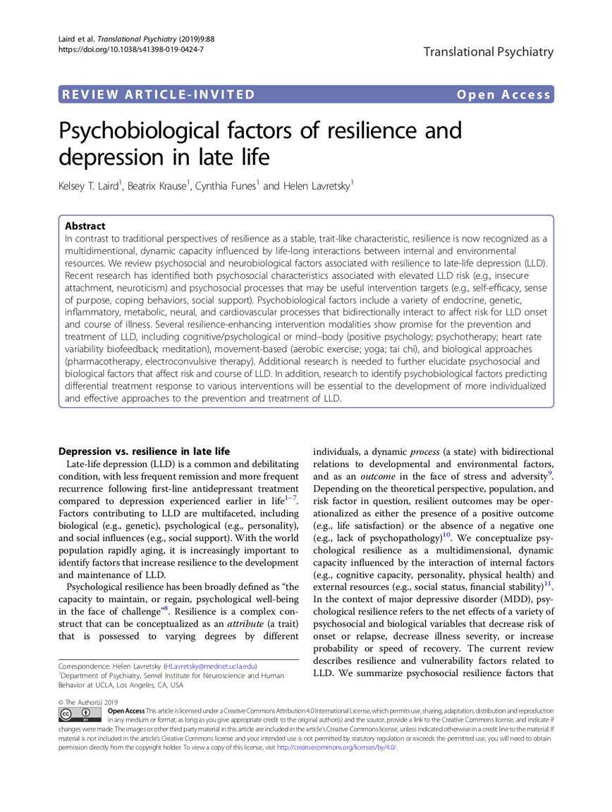 Psychobiological factors of resilience and depression in late life Report Cover