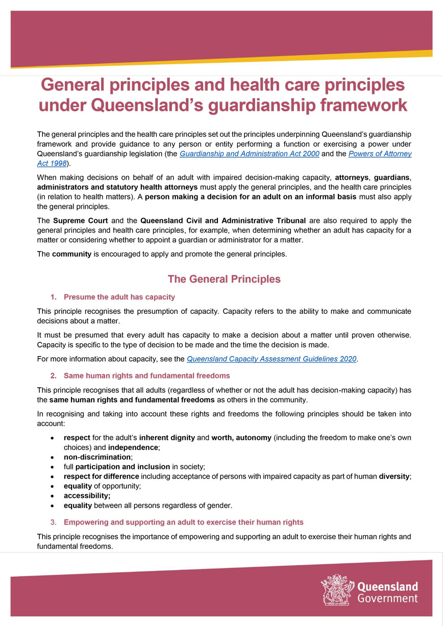 General principles and health care principles under Queensland’s guardianship framework cover