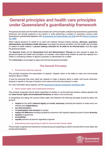 General principles and health care principles under Queensland’s guardianship framework cover