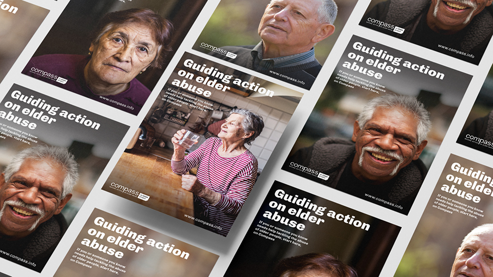 Images of the Compass brochure and web tiles with different faces