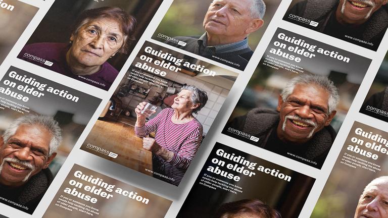 Images of the Compass brochure and web tiles with different faces