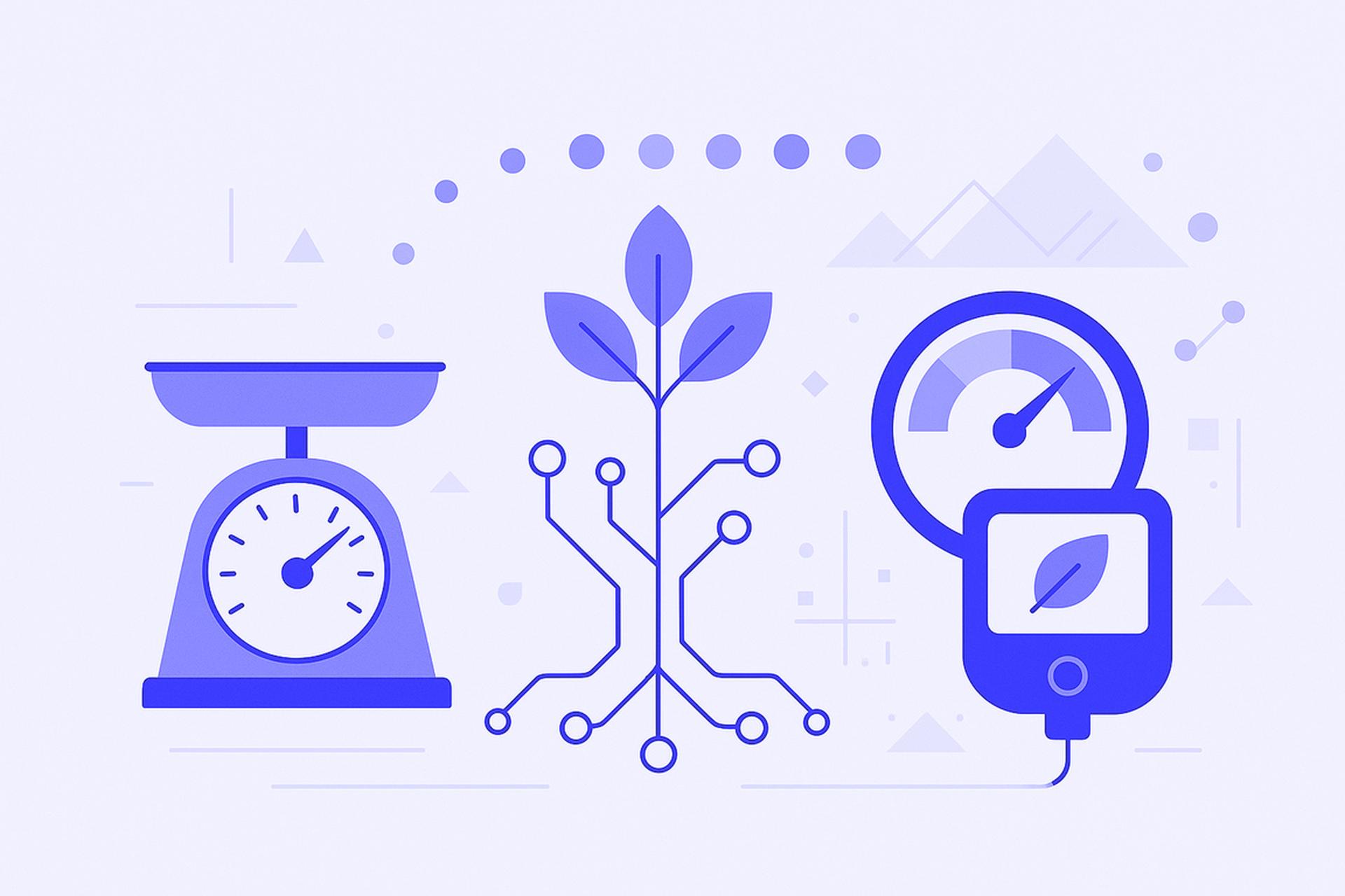 Illustration of a scale, plant with circuit branches, and a gauge, symbolizing technology and nature integration.