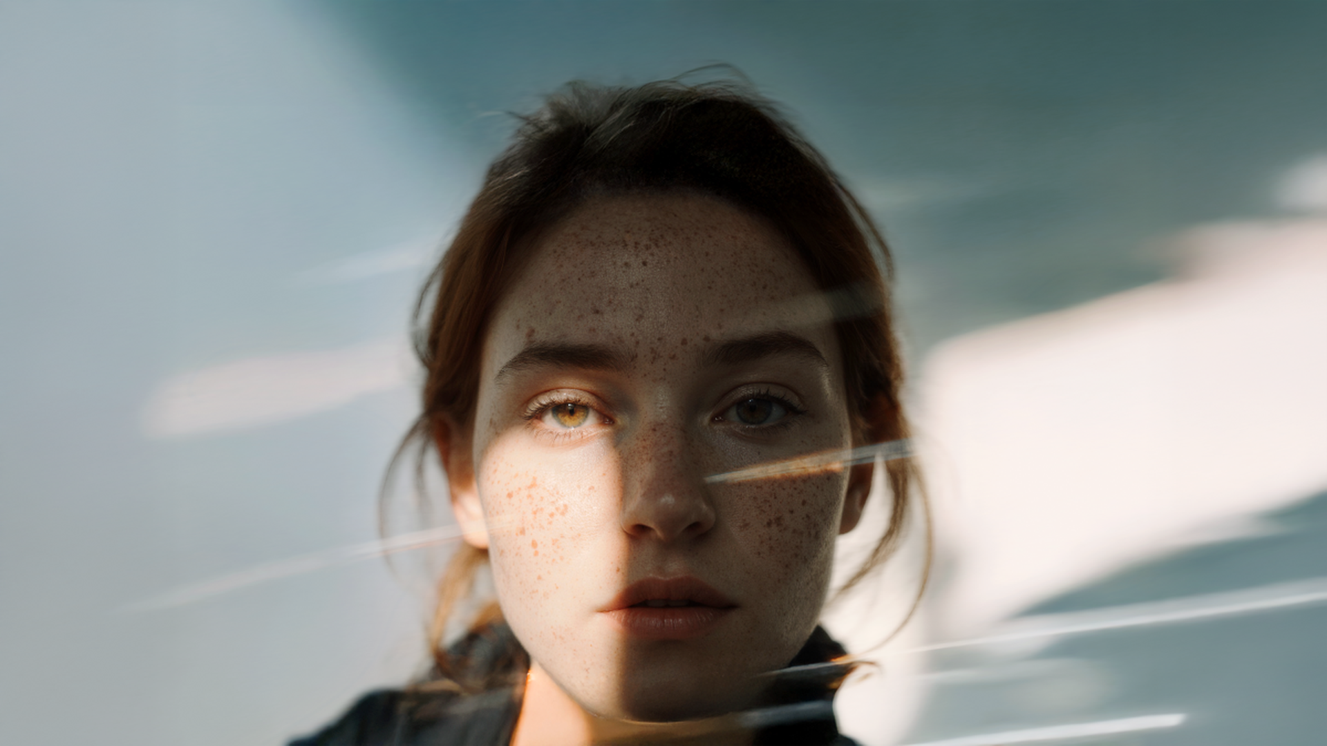 A woman with freckles is illuminated by sunlight, creating soft shadows on her face, with a blurred background.