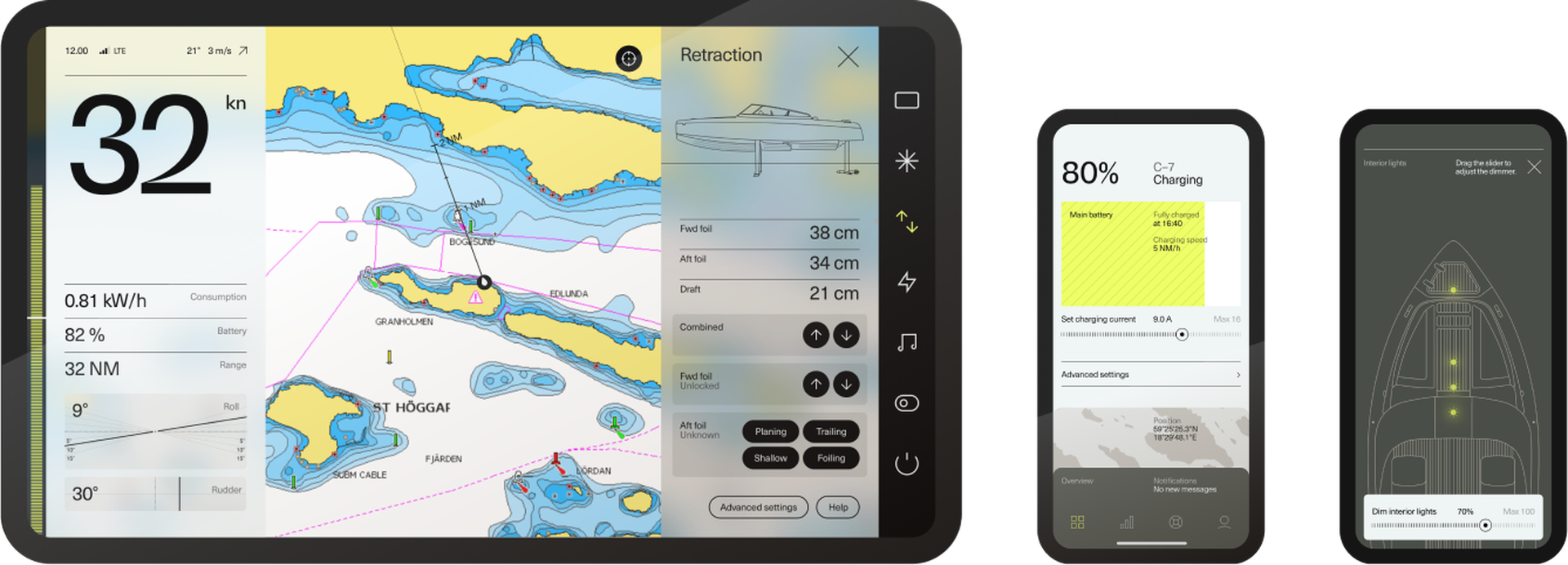 Digital boat navigation interface displaying maps, route details, battery status, and settings on three connected screens.