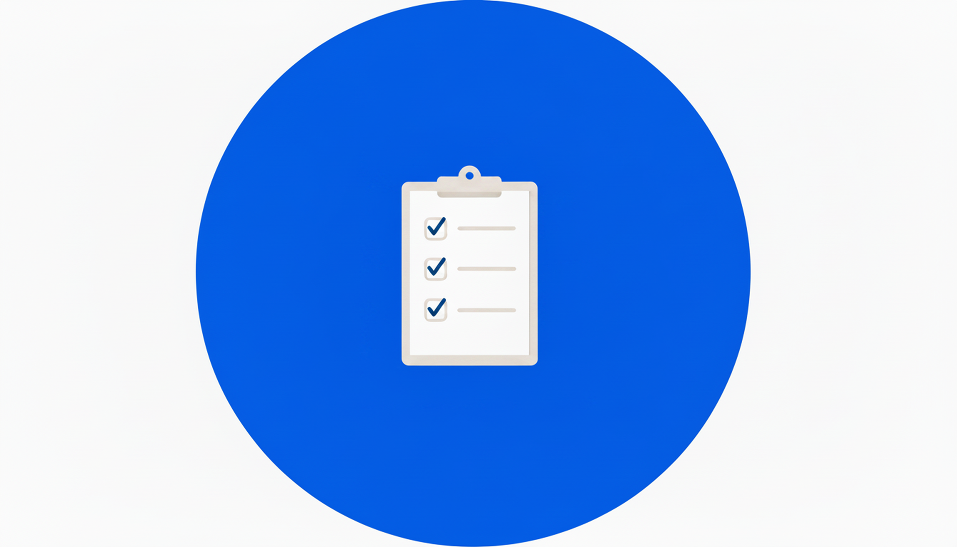 A clipboard with three checked items is centered on a blue circle background.