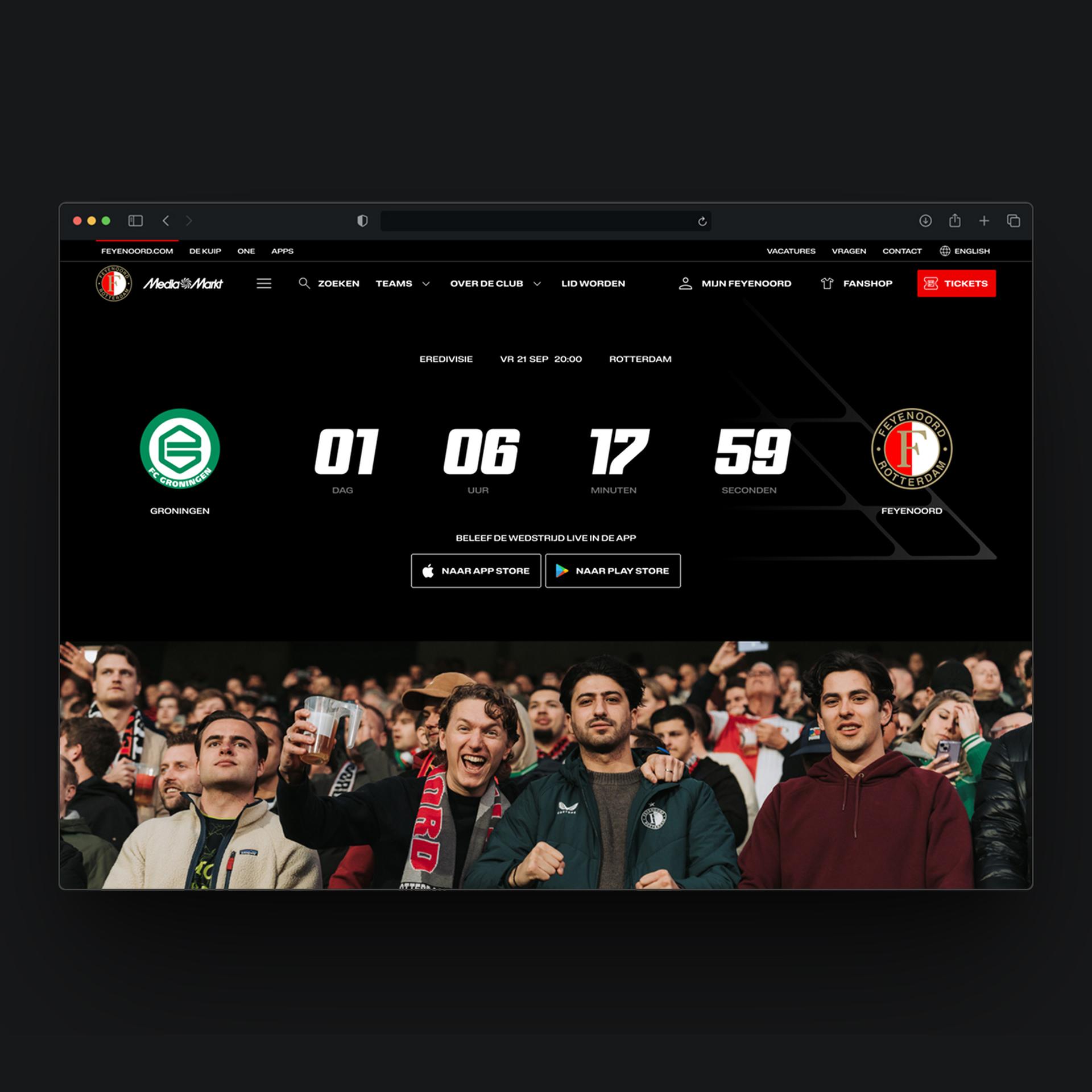 Screenshot of a sports website showing a countdown to a match, with enthusiastic fans in the foreground.