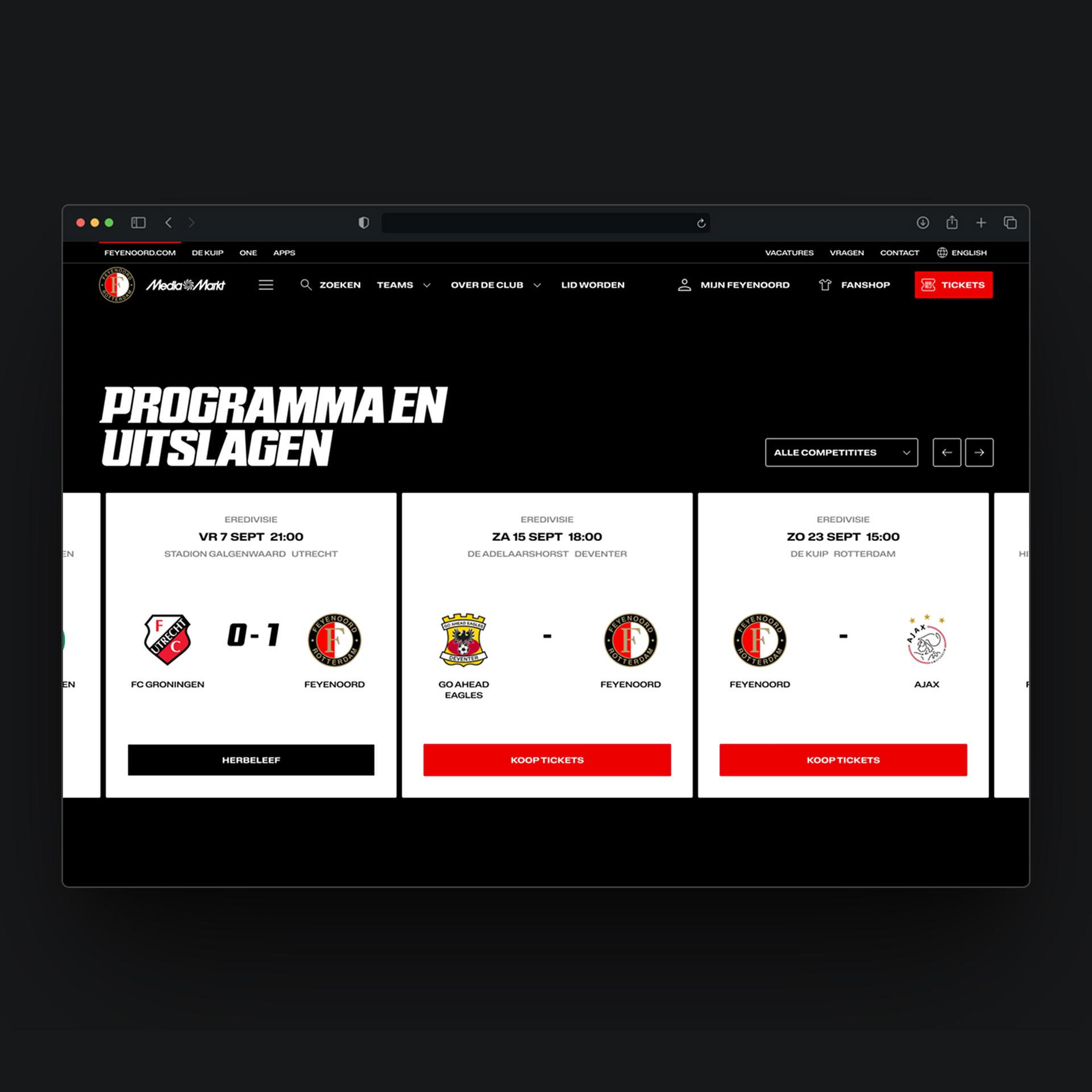 Website with soccer match results and schedules; features dates, times, and team logos for upcoming and past games, with options to buy tickets.