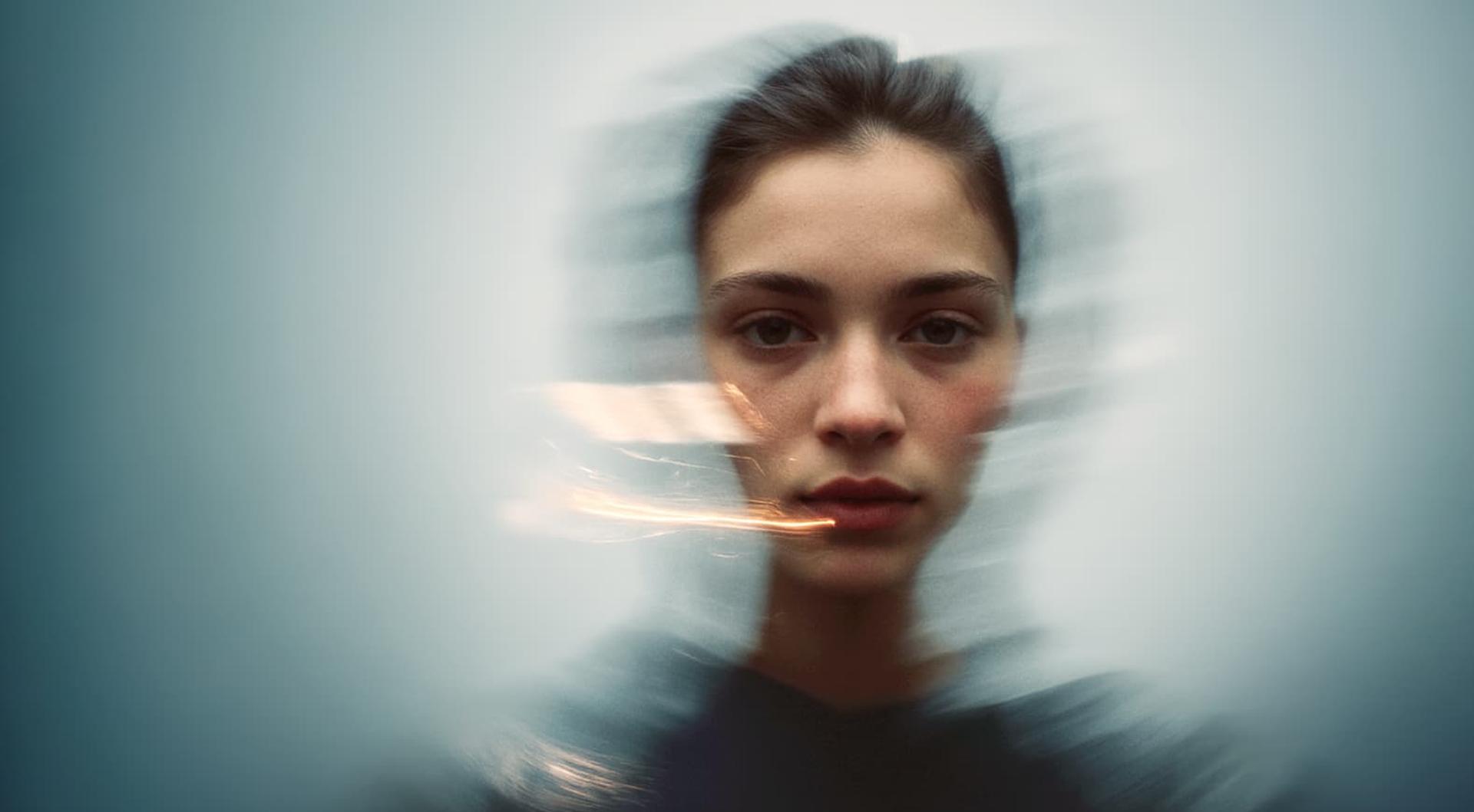 A woman with a blurred, dynamic effect surrounding her face, creating a sense of motion. She has a neutral expression against a soft blue background.