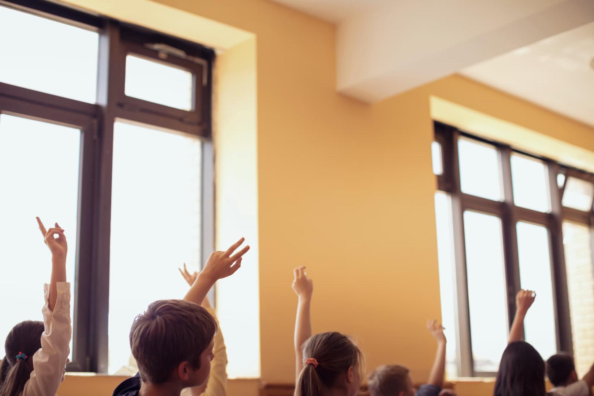 Students in a classroom raising their hands to answer a question, with large windows providing natural light.