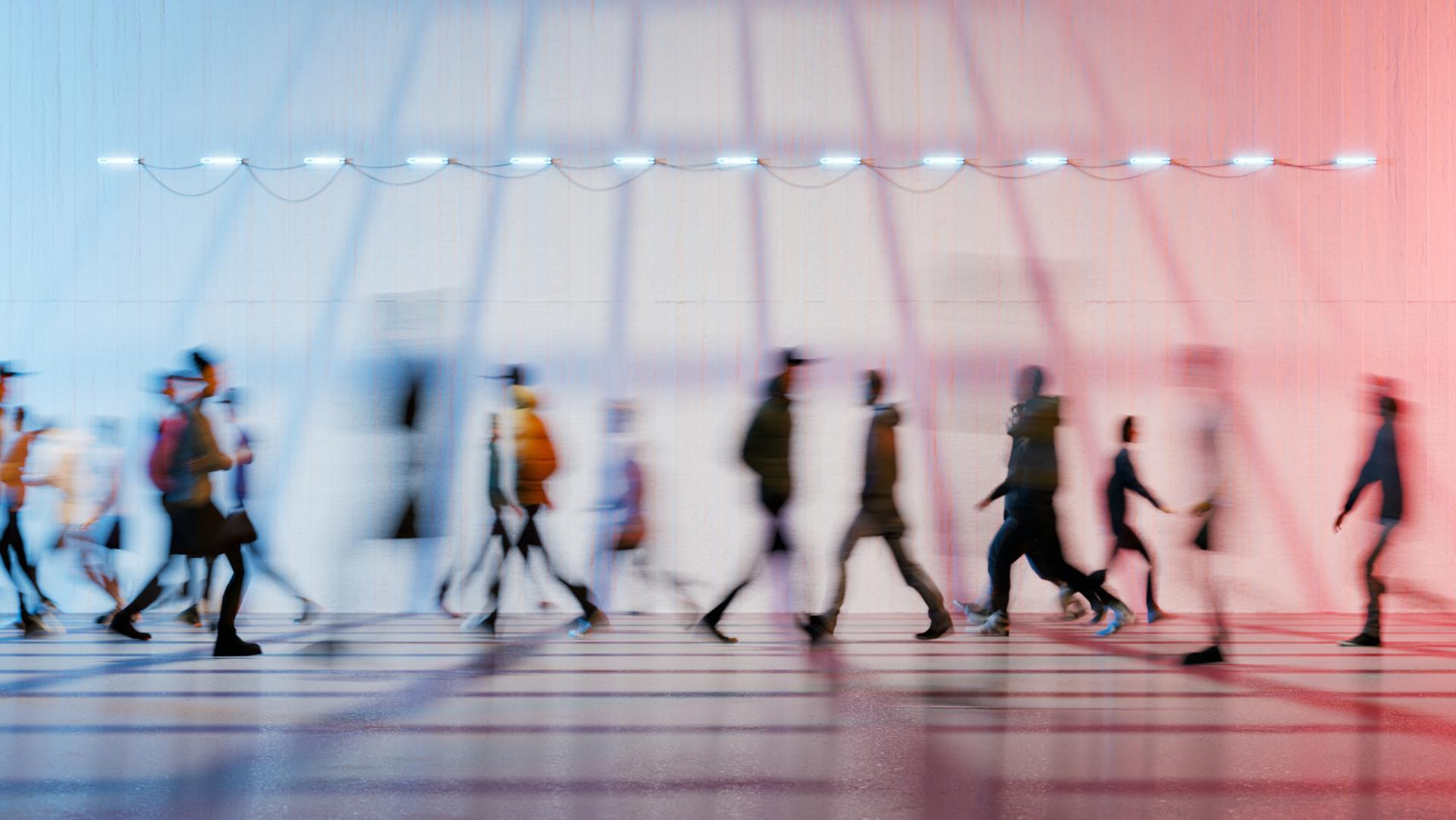 Blurred motion of people walking in a crosswalk under string lights, with a red and blue gradient background.