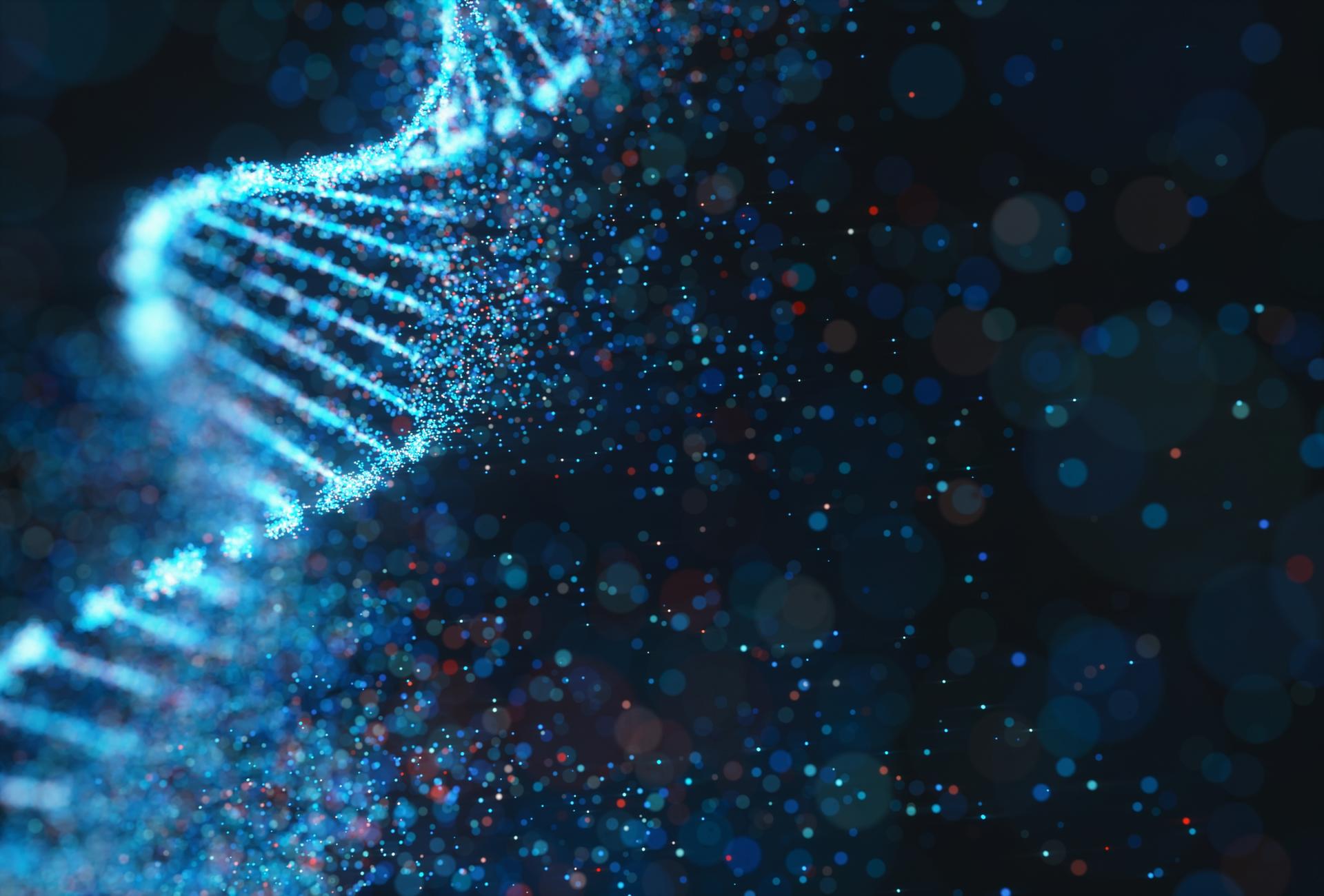Abstract image of a glowing blue DNA helix surrounded by floating particles on a dark background.