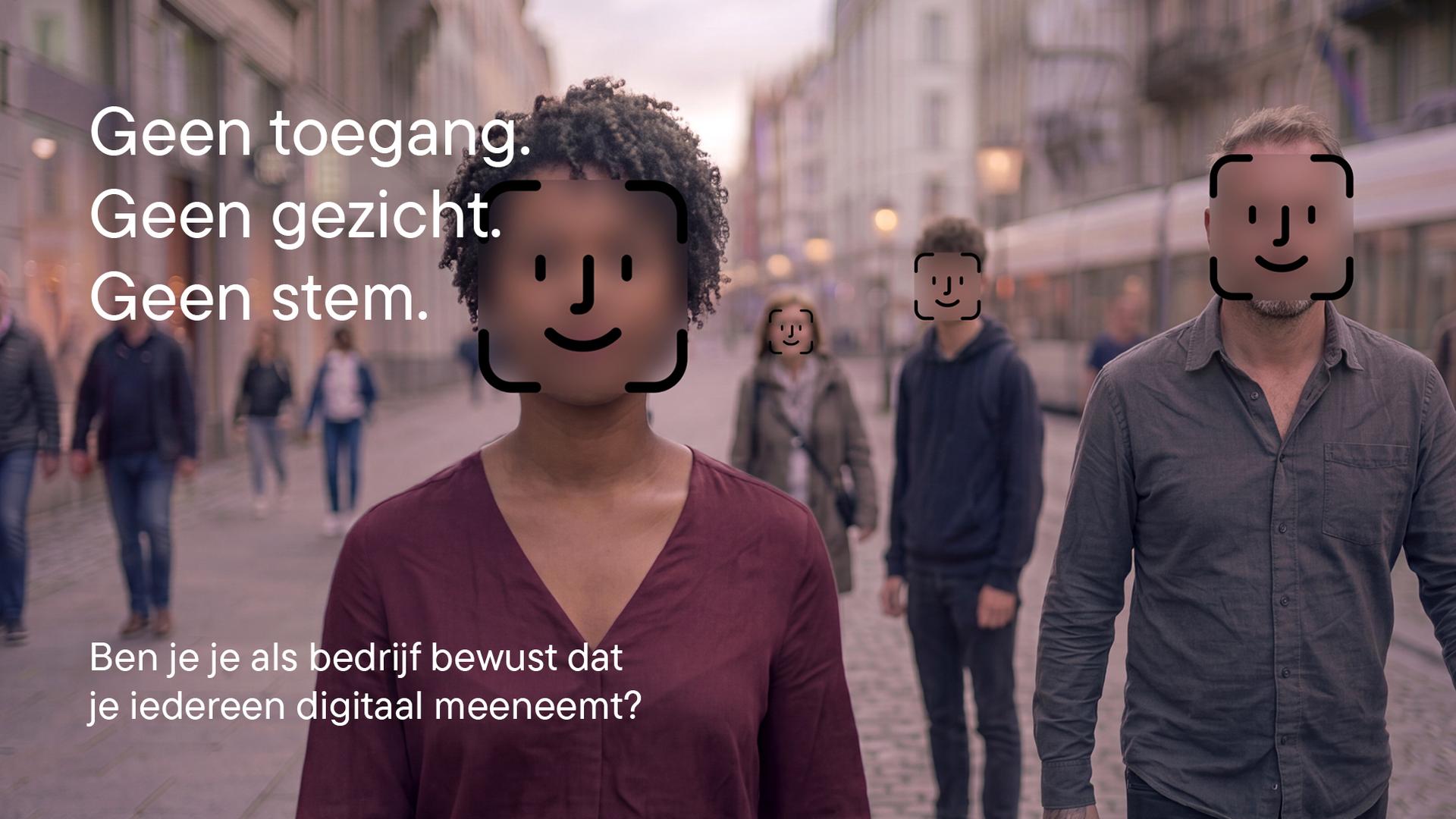People walking on a city street with their faces replaced by digital icons. Text in Dutch and event details in the foreground.