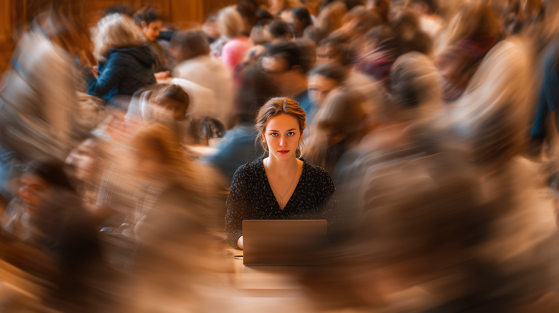 A woman sits focused with a laptop in a crowded, blurred setting, highlighting her calm amidst the surrounding chaos.