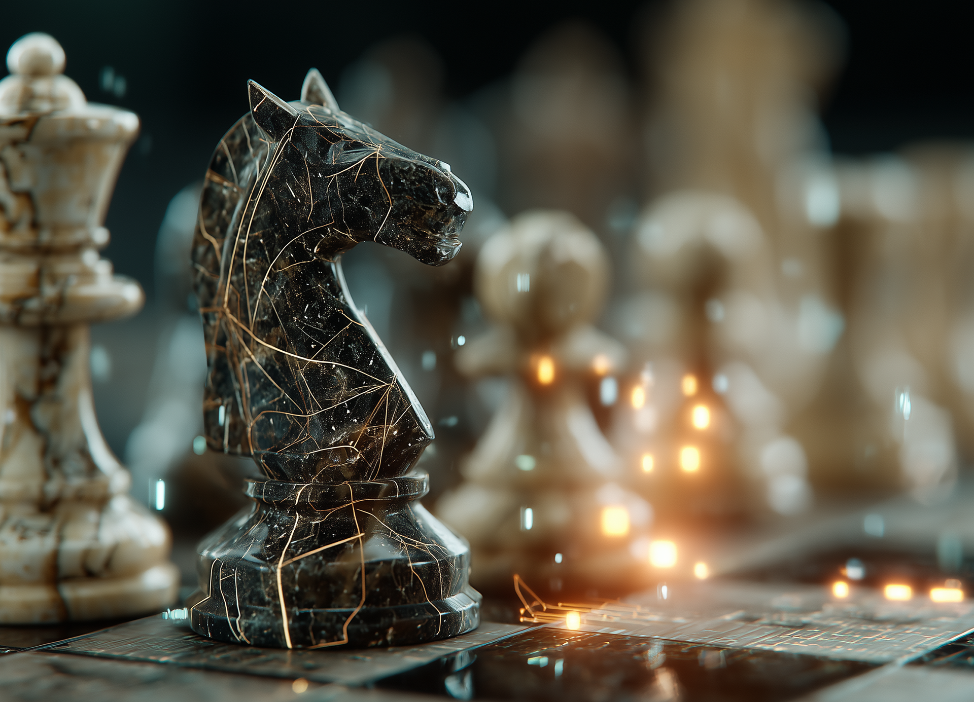 A close-up of a marble chess knight with glowing lines, surrounded by blurred chess pieces, creating a futuristic and dynamic atmosphere.