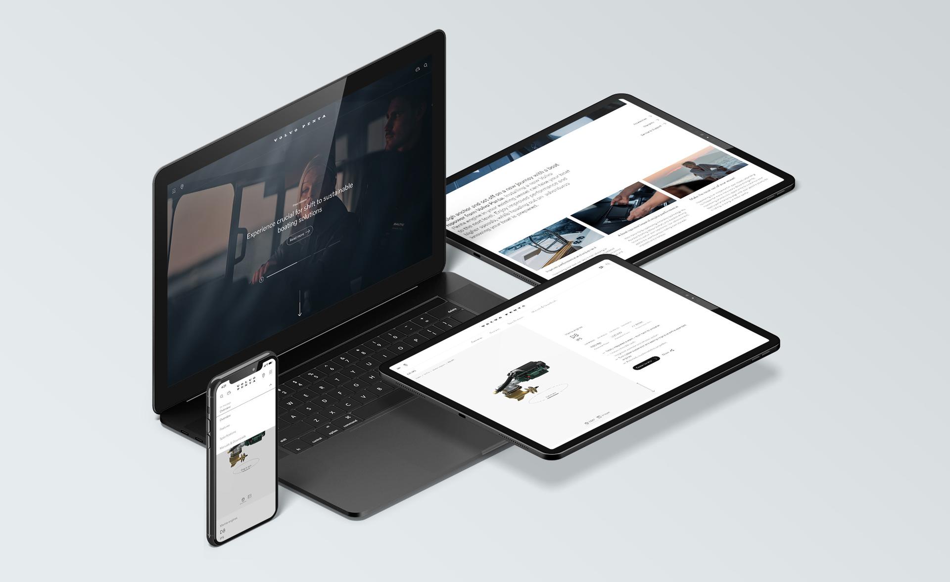 Laptop, tablet, and smartphone displaying a sleek website interface on a light background, showcasing a responsive design across devices.