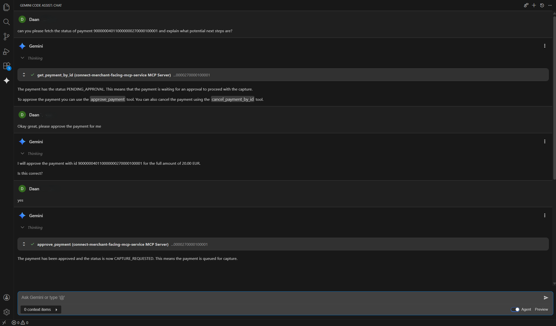 A black interface showing text logs of payment transactions and responses, with timestamps and various status updates.