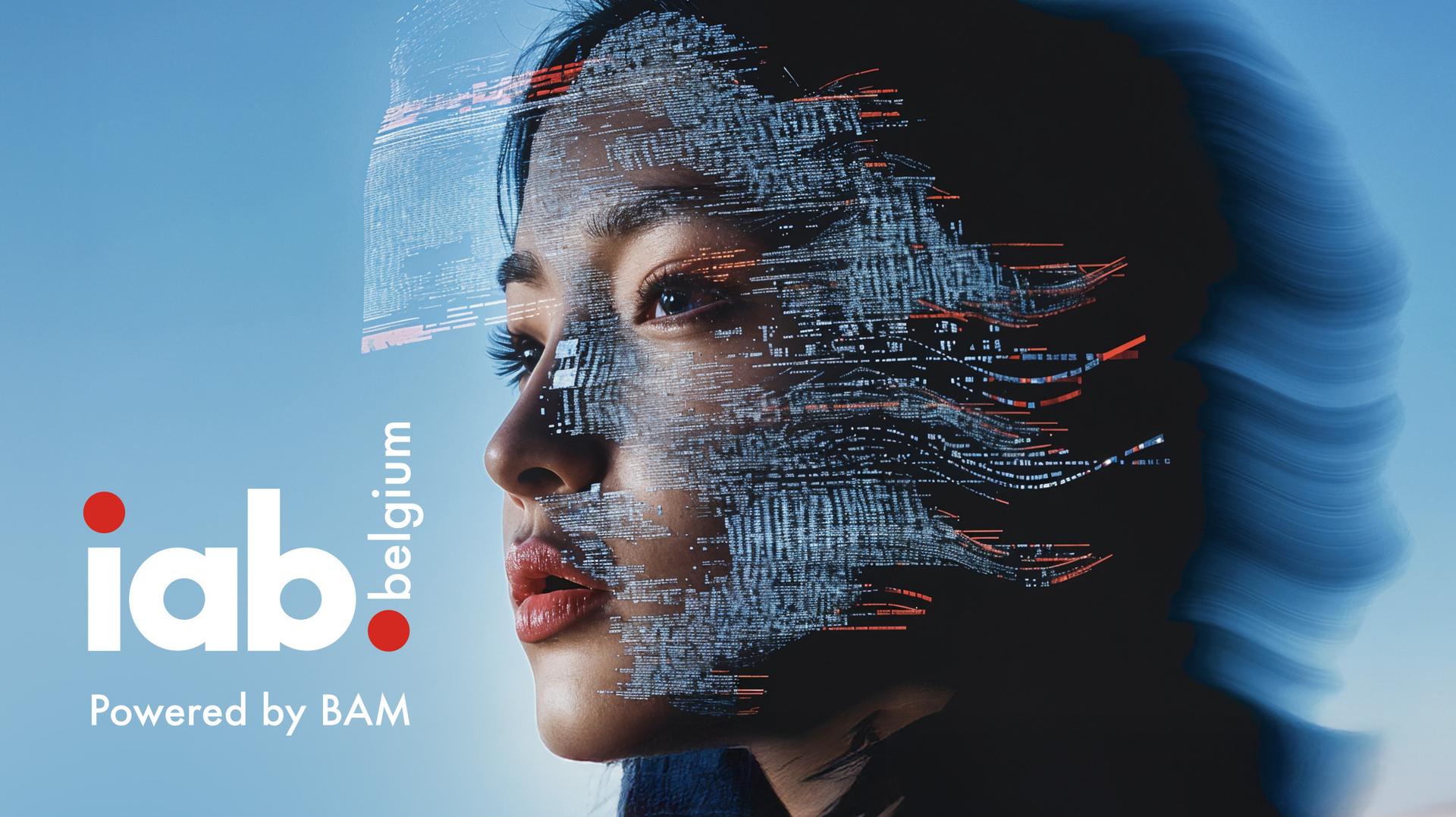 A woman's face overlaid with digital code, next to "iab.belgium Powered by BAM" text on a blue background.