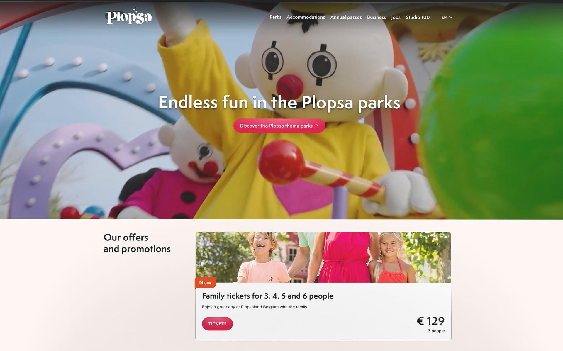 Website showcasing Plopsa theme parks with clown mascot, vibrant colors, and a family ticket promotion. Pricing details displayed below.