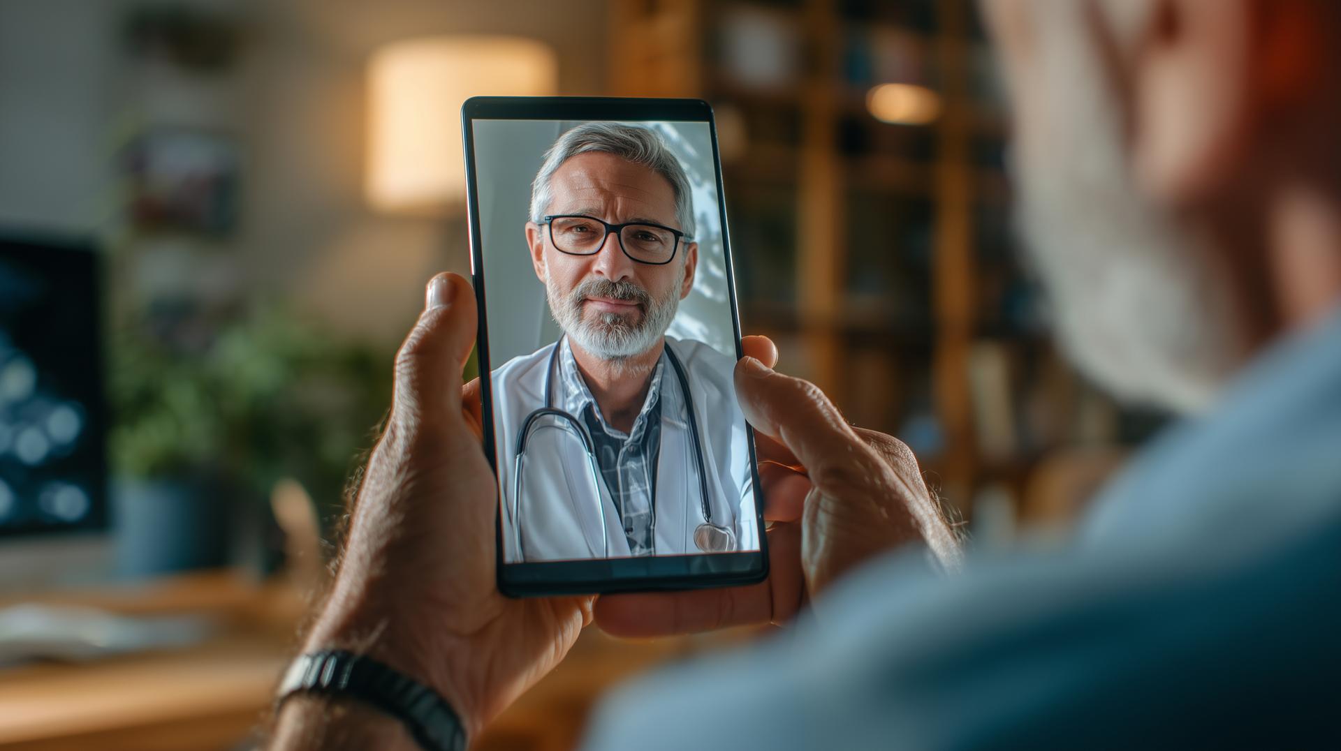 Person holding a tablet and video conferencing with a doctor wearing glasses and a stethoscope, in a warmly lit room.