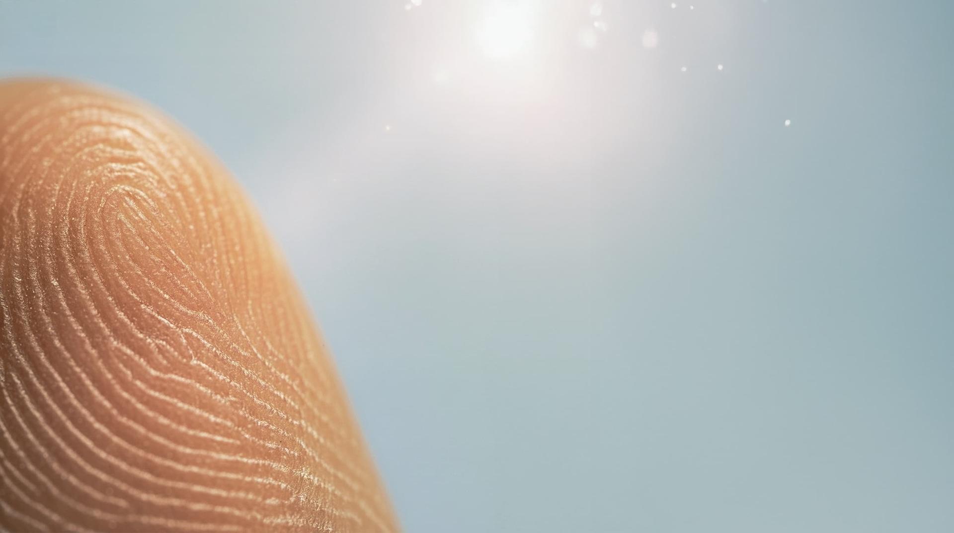 Close-up of a fingertip with distinct fingerprint ridges against a bright, sunlit sky.